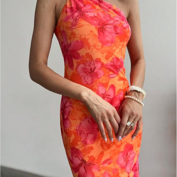 Women's Floral One Shoulder Bodycon Maxi Dress Summer Wedding Formal - Picture 4 of 5